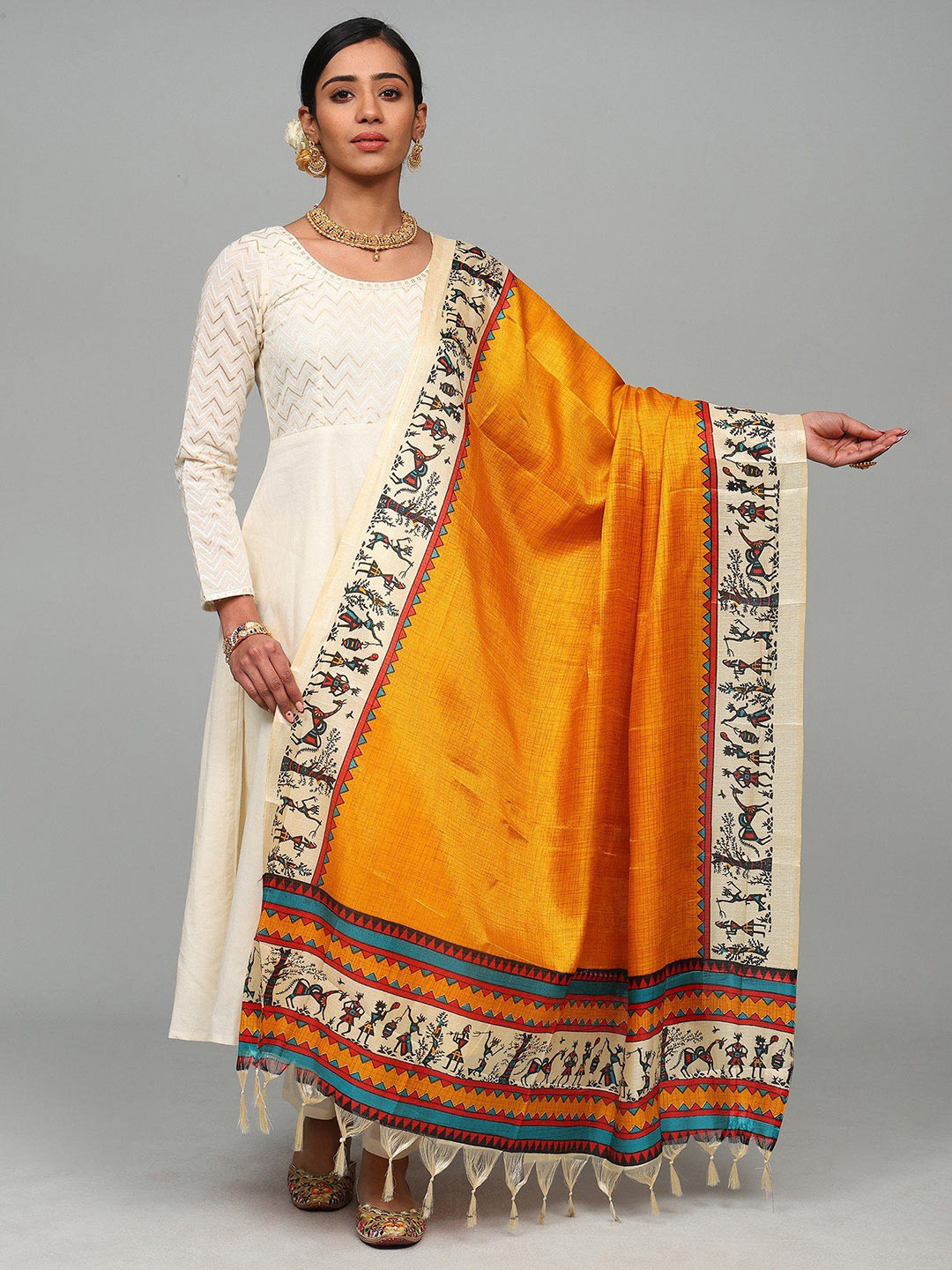 Exotic India Warli Art Print Border Art Silk Dupatta for Womens