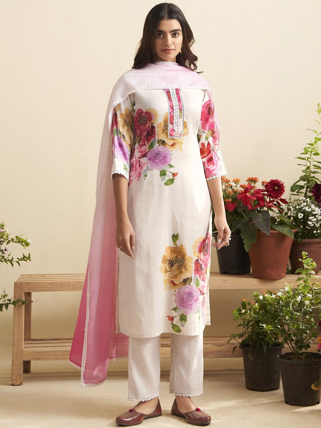 AUTUMN LANE Lisba Lily Floral Printed Pure Cotton Straight Kurta With Trouser & Dupatta