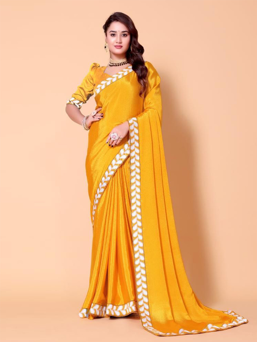 jayant creation Solid Mustard Embroidered Pure Georgette Saree
