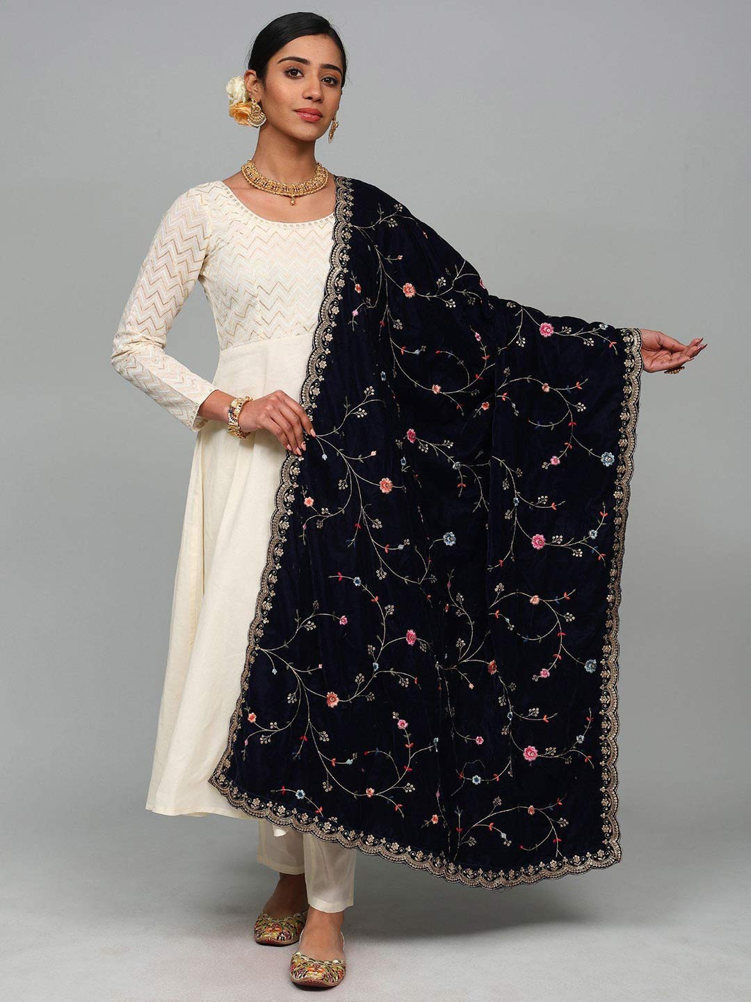 Exotic India Velvet Sprig Vine Dupatta with Zari-Sequins Embroidery And Scalloped Border
