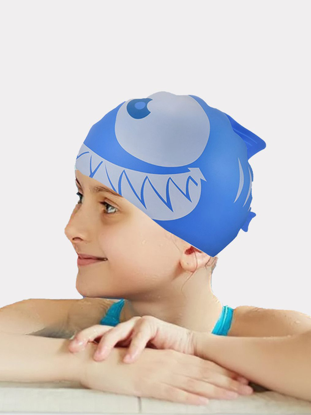 Little Surprise Box LLP Kids Blue & White Jaw Fish Silicone Swim Cap
