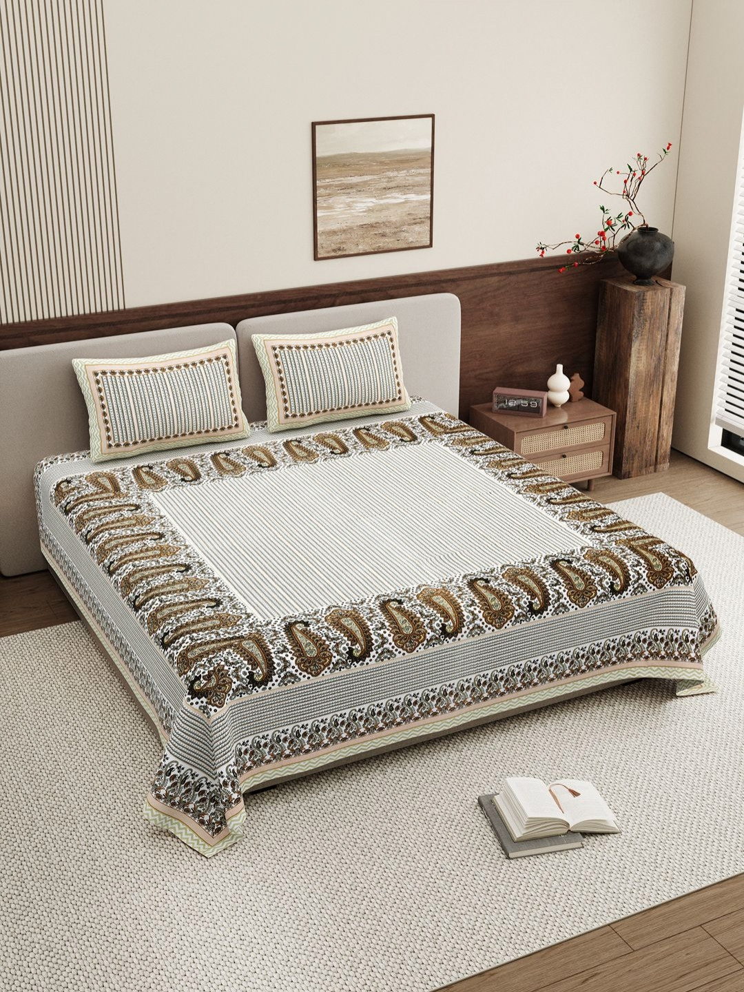 BELLA CASA Rajwada Luxe Collection Green Paisley Pure Cotton 250 TC Super King Fine Bedsheet with 2 Pillow Covers-108 x 108 inches