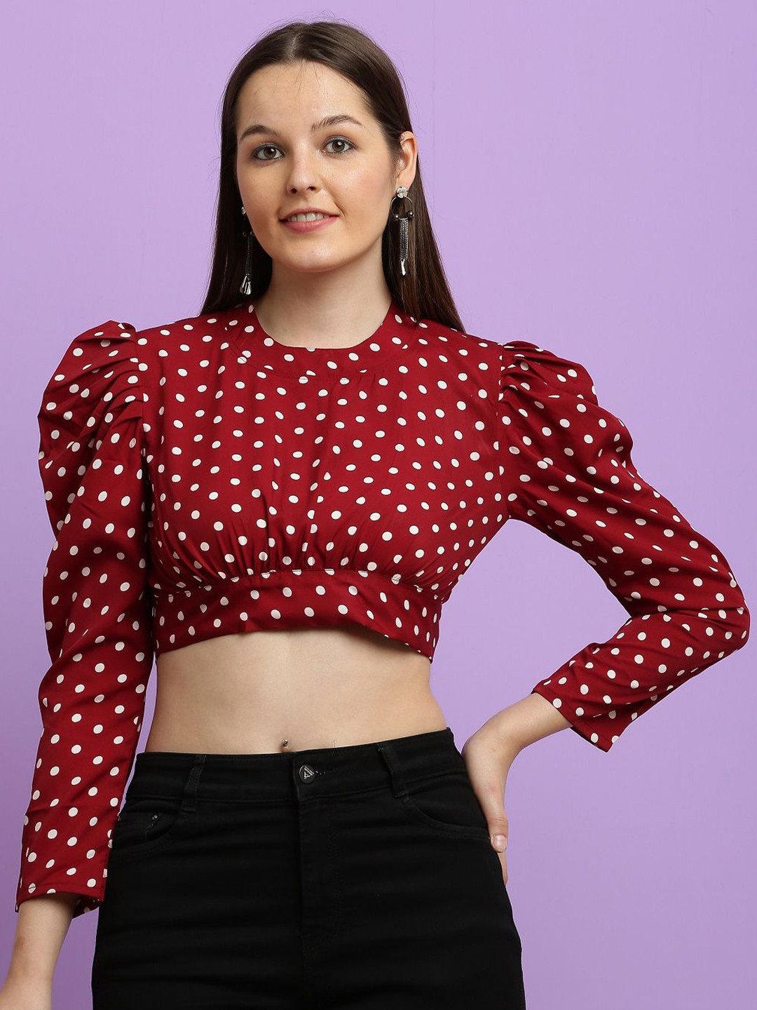CLOTHINK INDIA Polka Dot Colourblocked Tie-Up Neck Puff Sleeve Crepe Crop Top