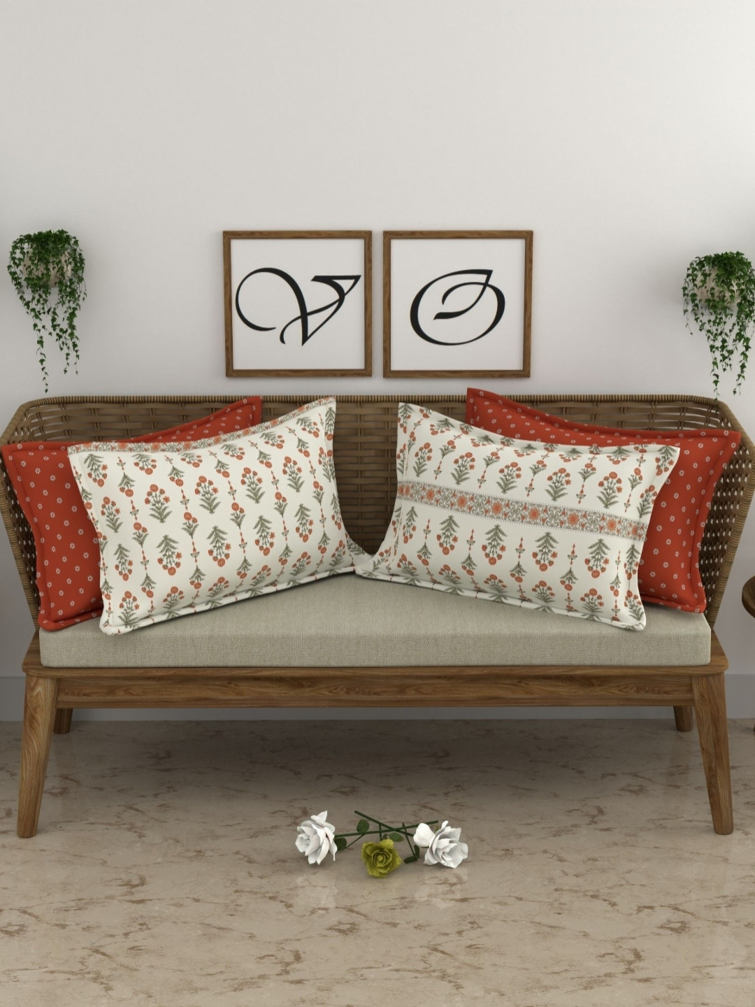 CHHAVI INDIA White & Rust 4 Pieces Self Design Pure Cotton Rectangle Pillow Covers