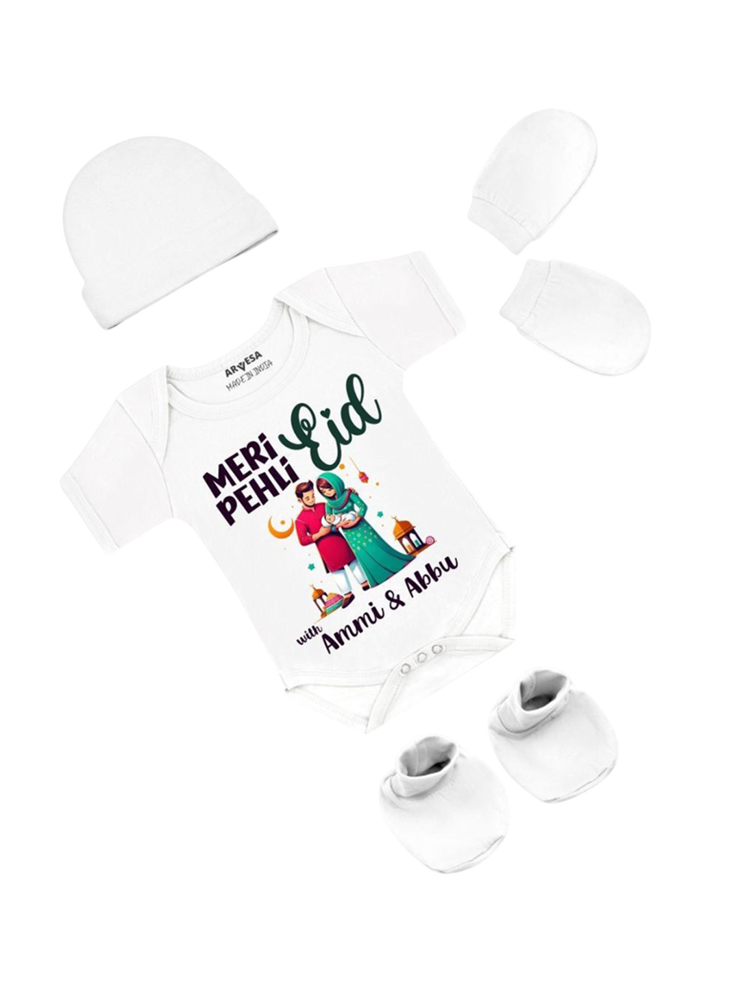 Arvesa Infants Meri Pehli Eid With Ammi & Abbu Printed Bodysuit with Cap Booties Mitten