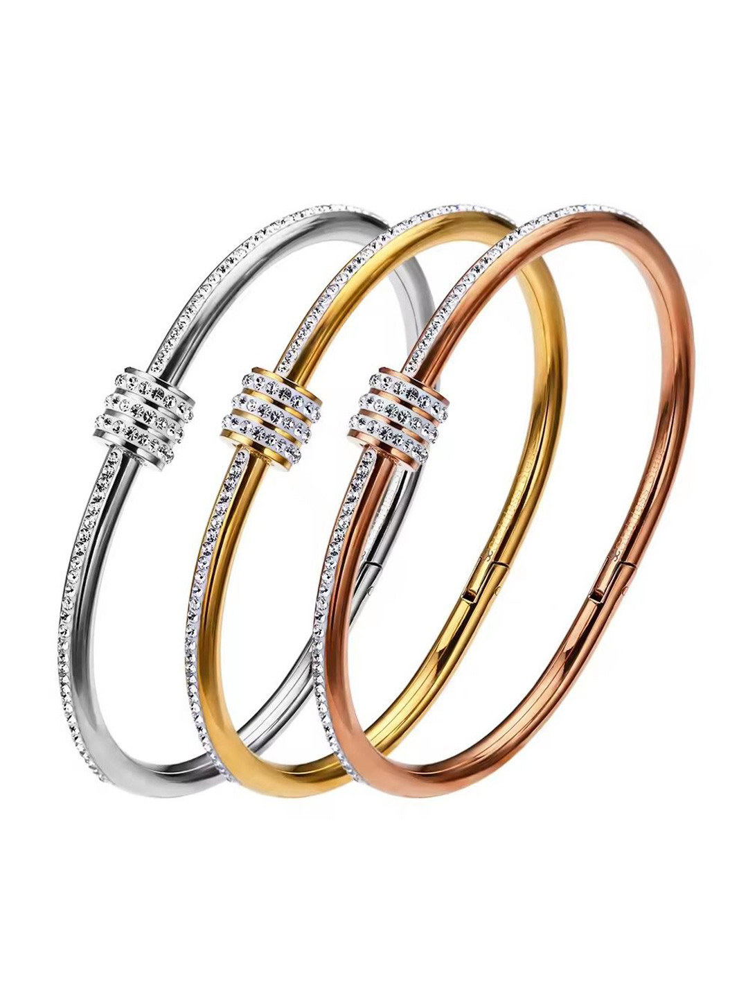 DressBerry Set of 3 Rose Gold & Silver-Plated AD-Studded Anti Tarnish kada Bracelets