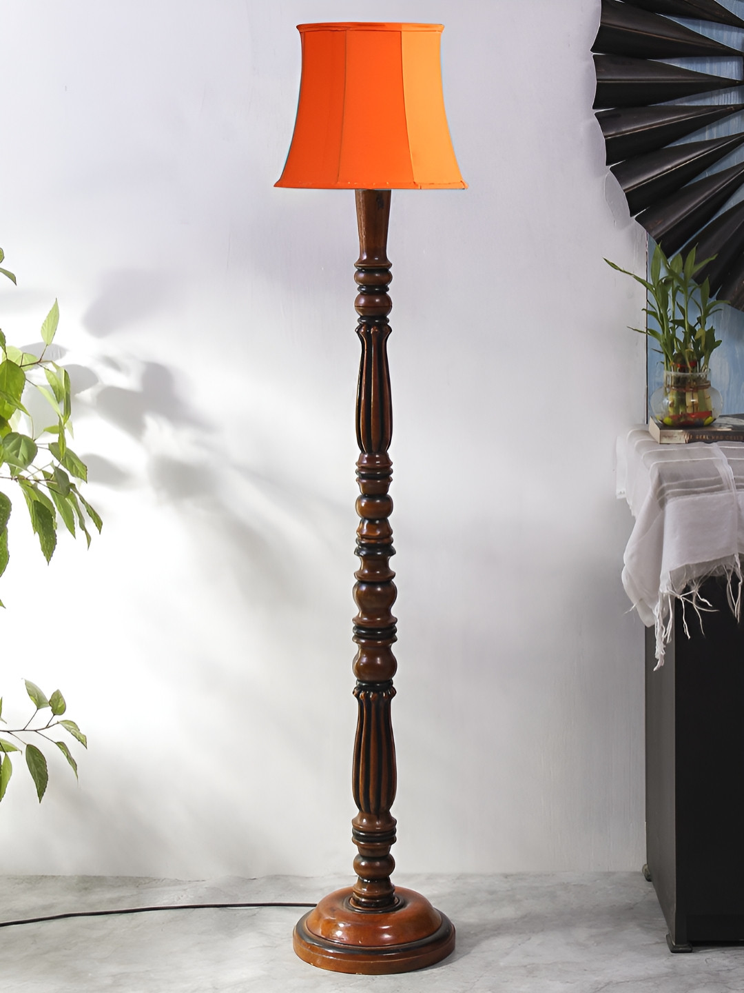 Devansh Brown & Orange Wooden Floor Lamp With Shade