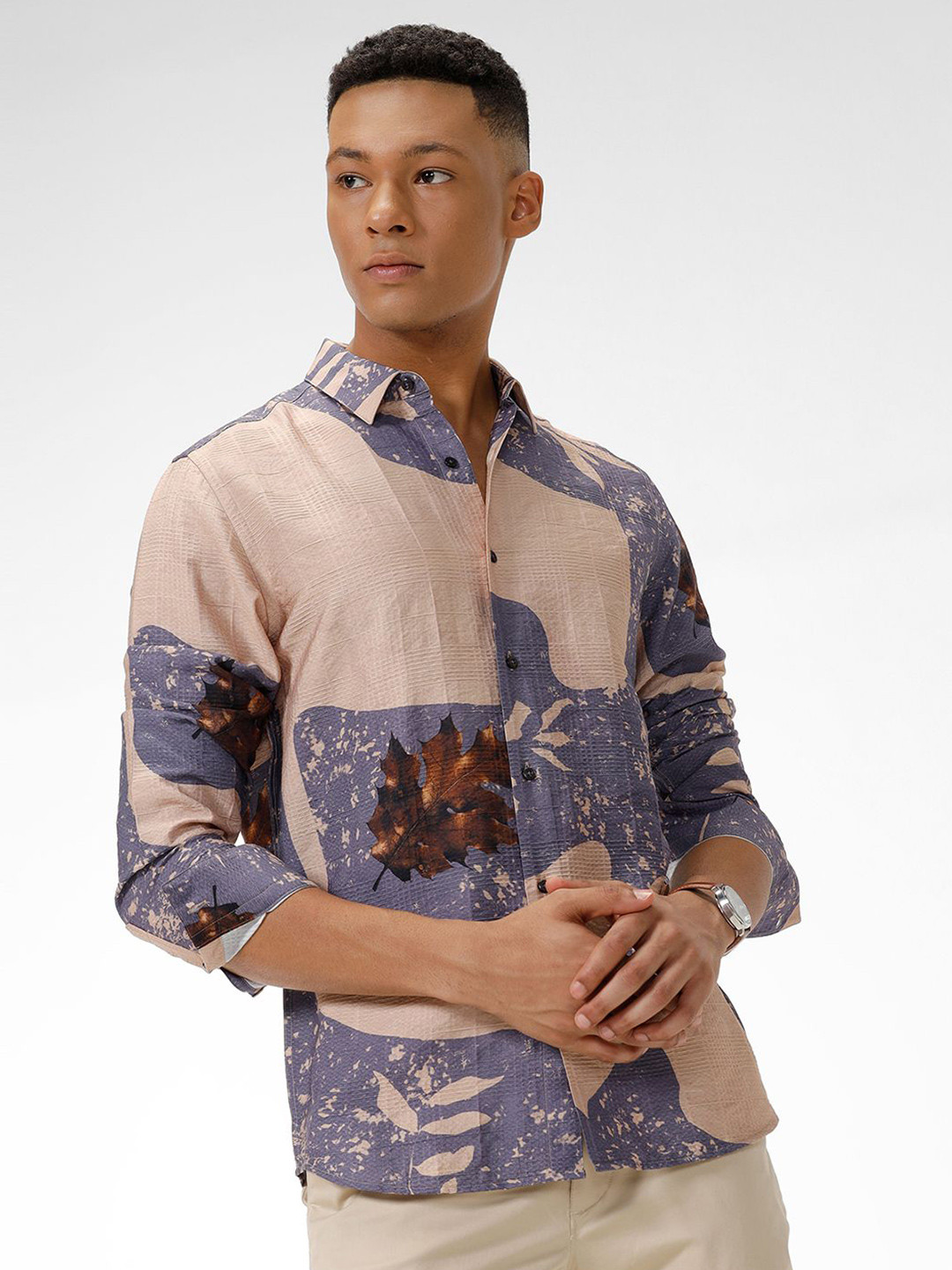 The Collection Men's Casual Printed Abstract Leaf Design Long Sleeve Shirt