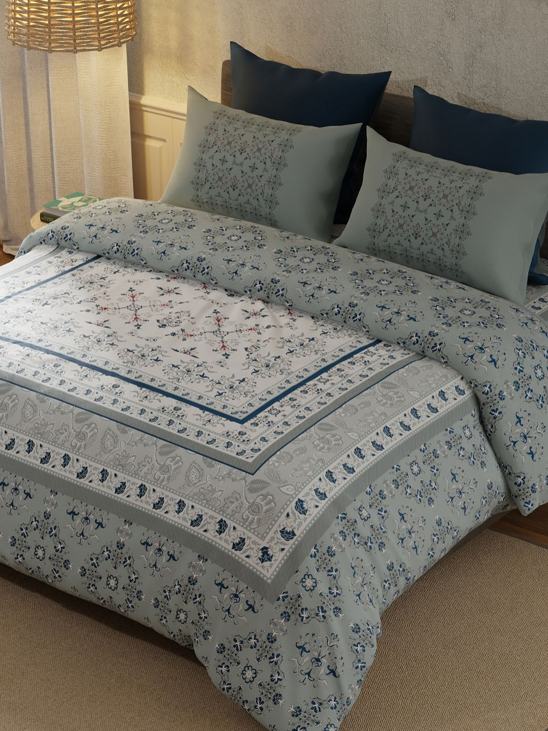 BELLA CASA Tradition Collection Grey Ethnic Motifs Cotton 210 TC King Fine Bedsheet with 2 Pillow Covers-106 x 106 inches