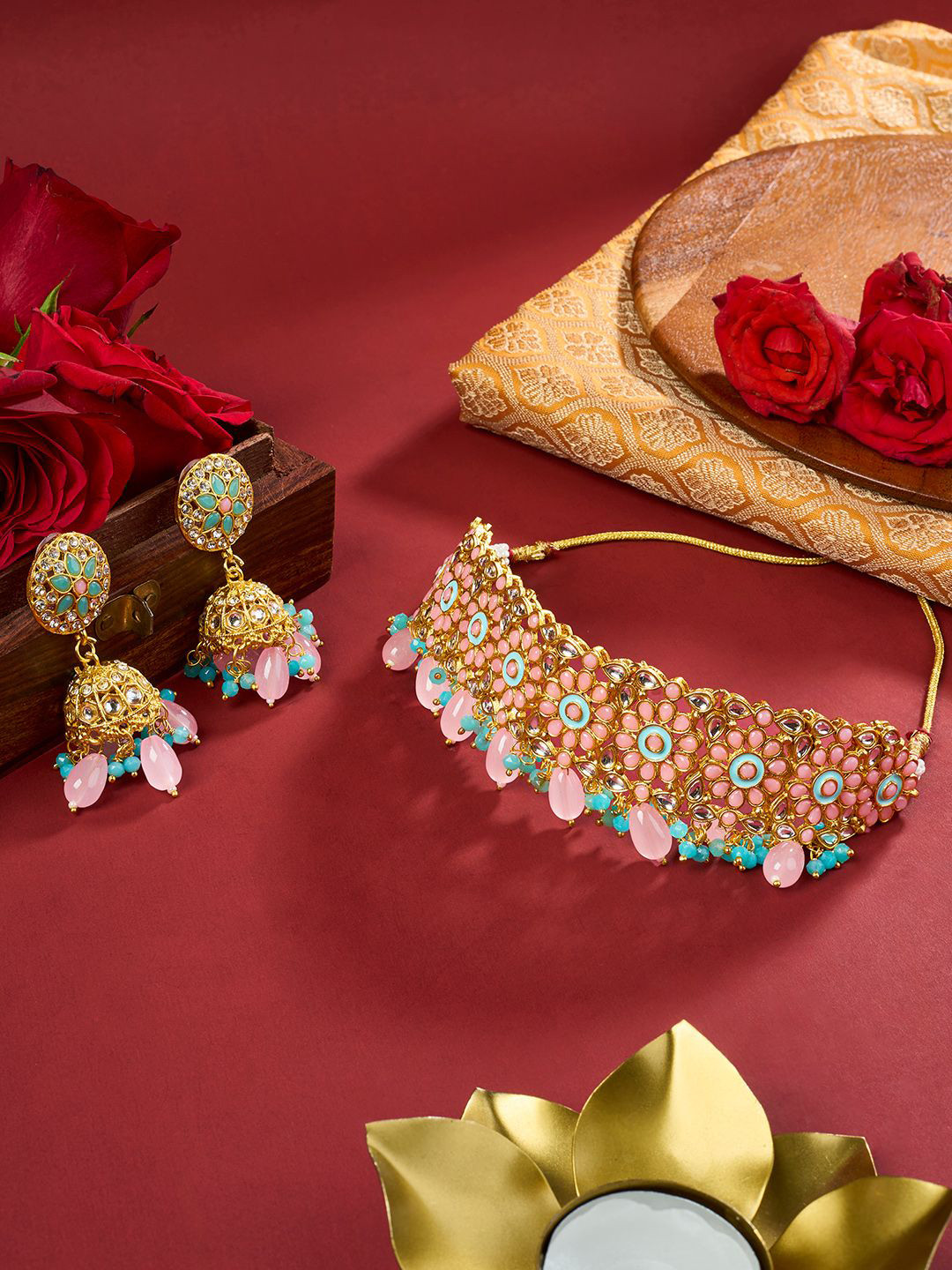 TEEJH Gold-Plated Nabhya Stone-Studded Beaded Jewellery Set
