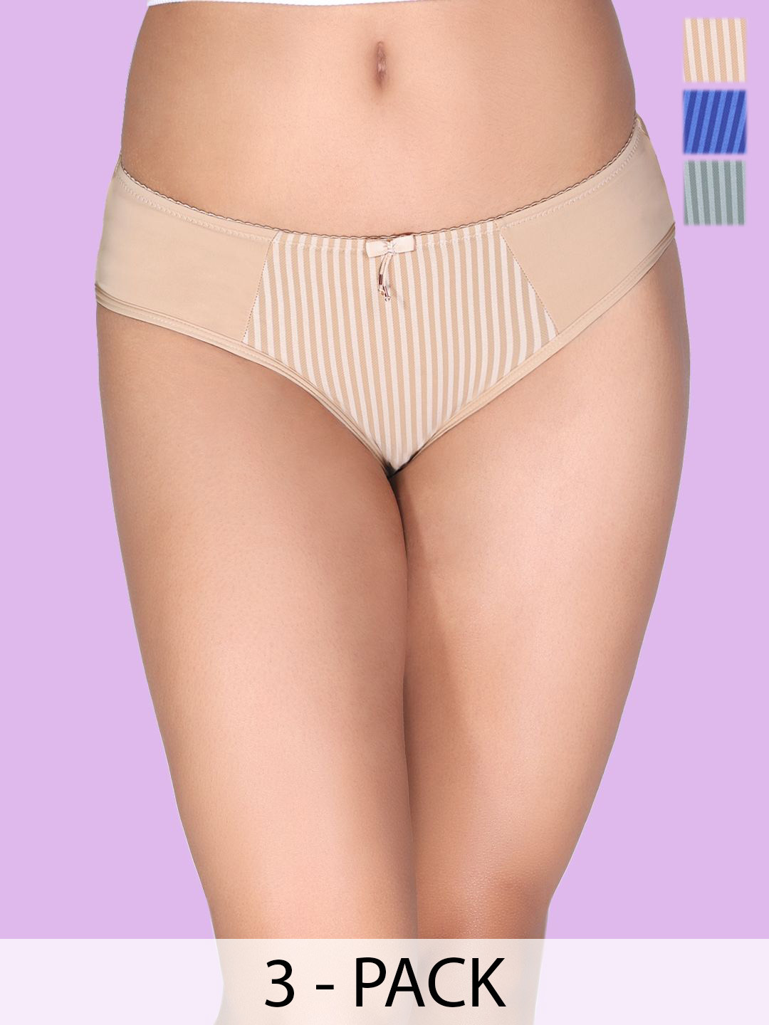 Amour Secret Pack Of 3 Striped Mid Rise Hipster Briefs  P015_Blu_Grn_Nud_S