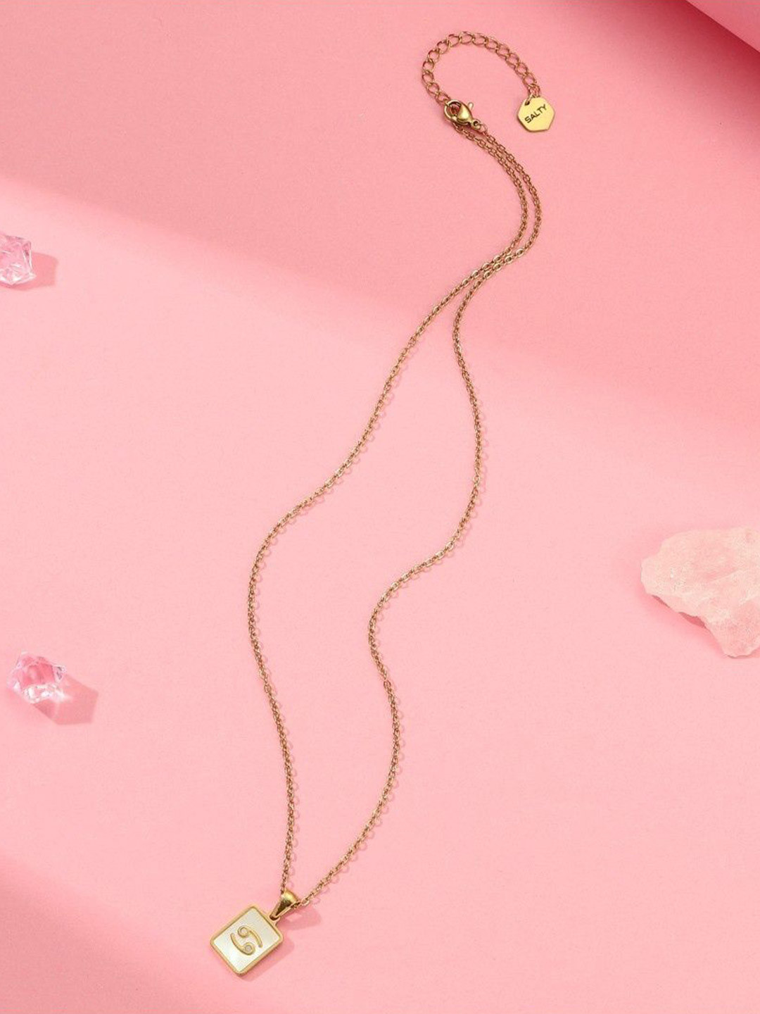 SALTY Gold & White Sign of the Stars Zodiac Cancer Pendant With Chain