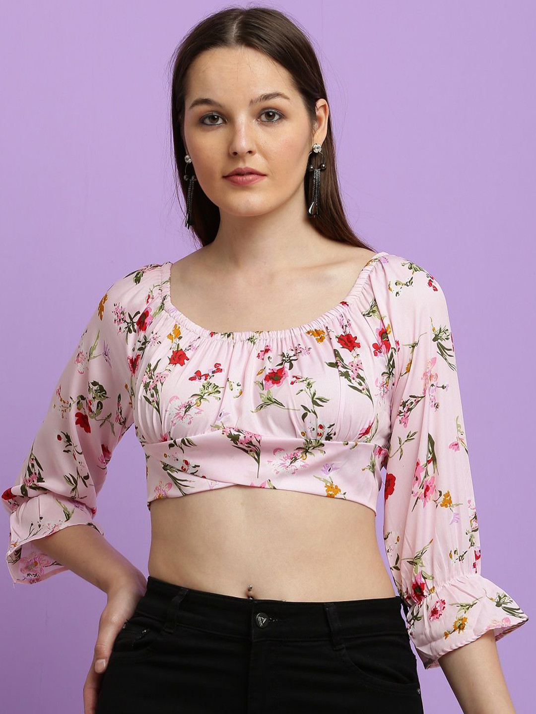 CLOTHINK INDIA Floral Checked Off-Shoulder Crepe Crop Top