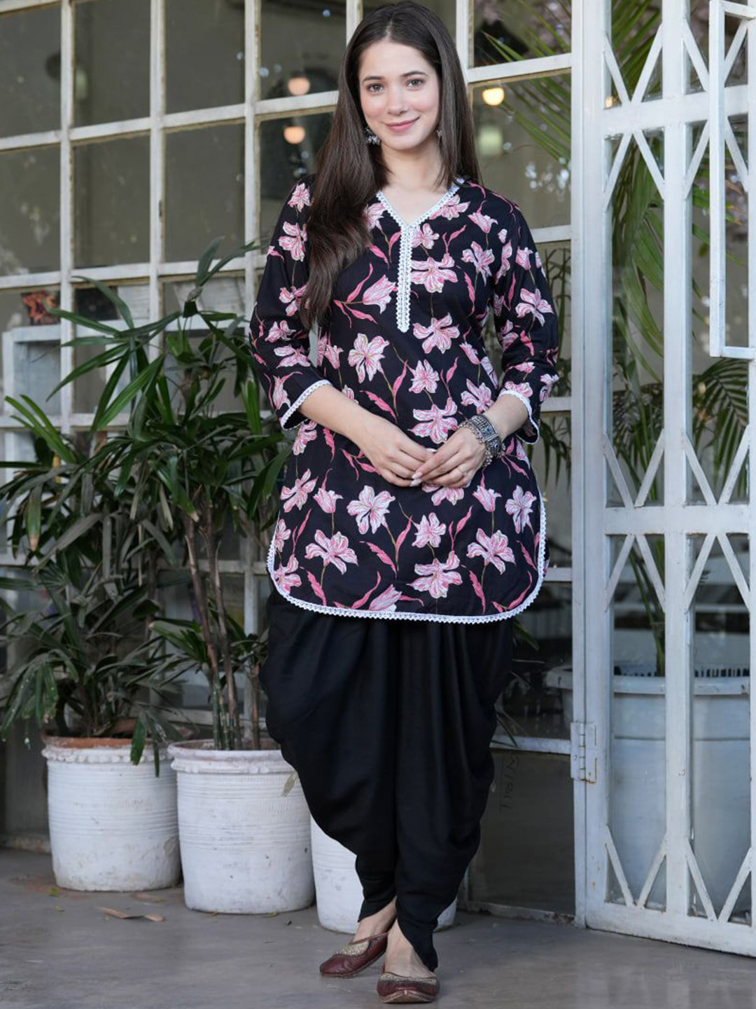 TFP Women Floral Printed Regular Gotta Patti Pure Cotton Kurta with Dhoti Pants