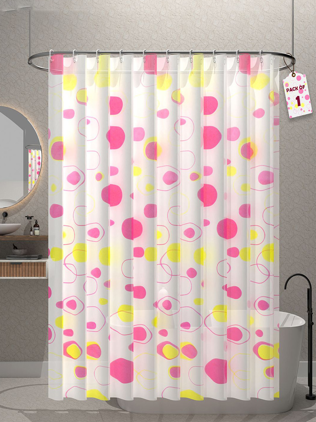 Aura Aura Pink & White Bubble Printed Waterproof Shower Curtains With 12 Rings