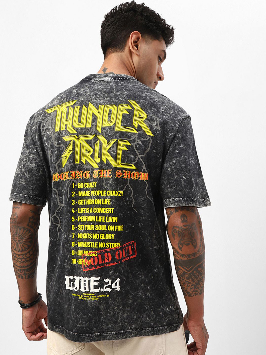 Bewakoof Men Black Thunder Typography Oversized Acid Wash T-shirt