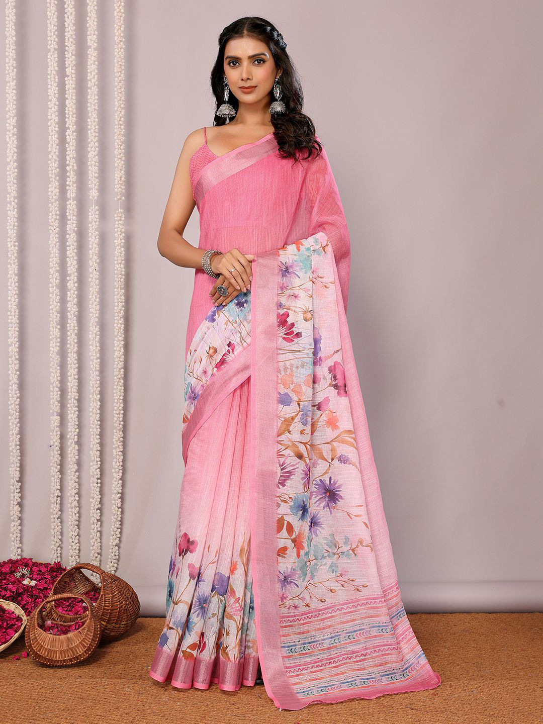 Janasya Women Pink Linen Blend Floral Printed Saree with Unstitched Blouse Piece