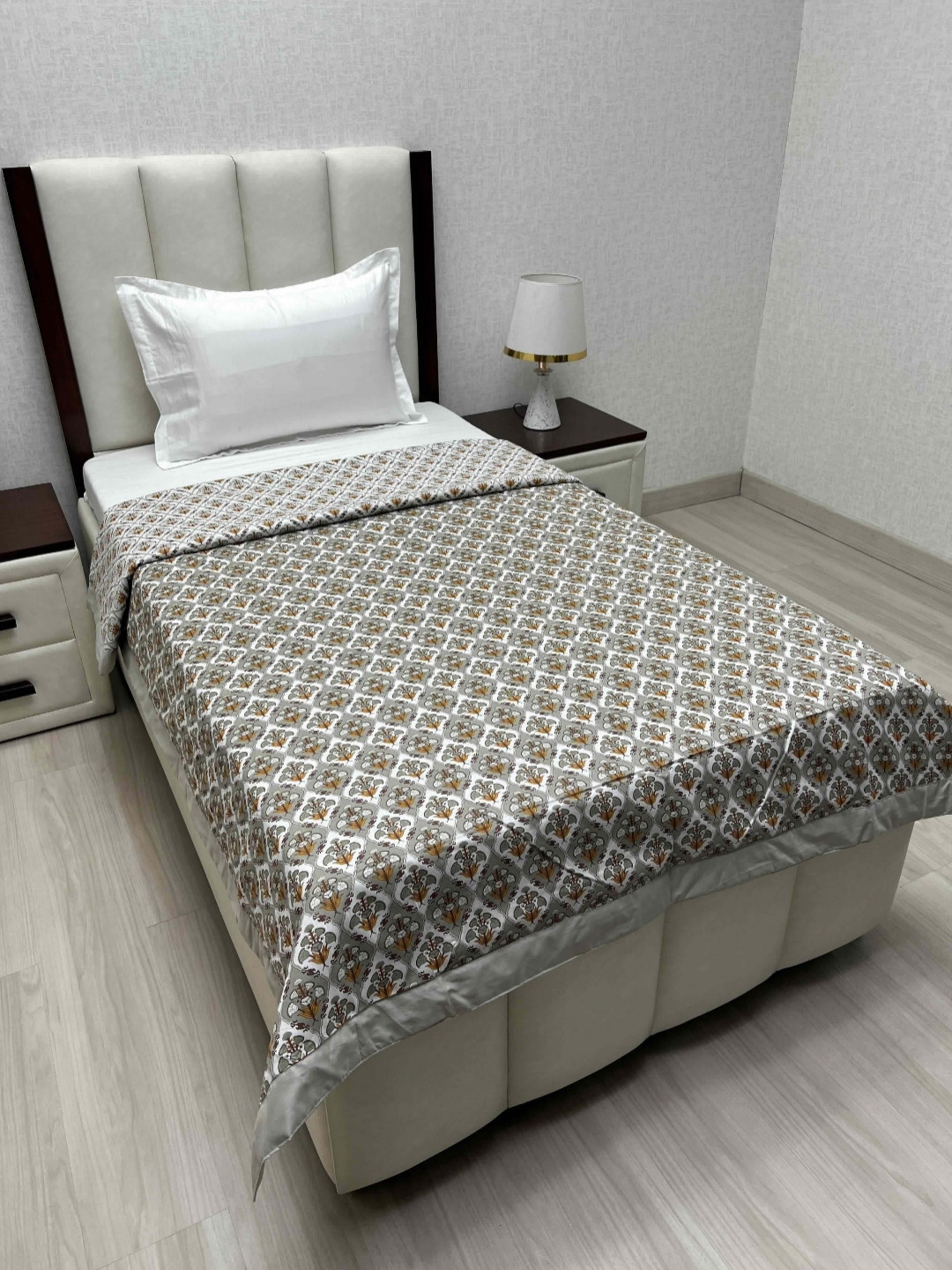Pure Decor Sole Silken Brown & White Floral Printed AC Room Single Bed Dohar