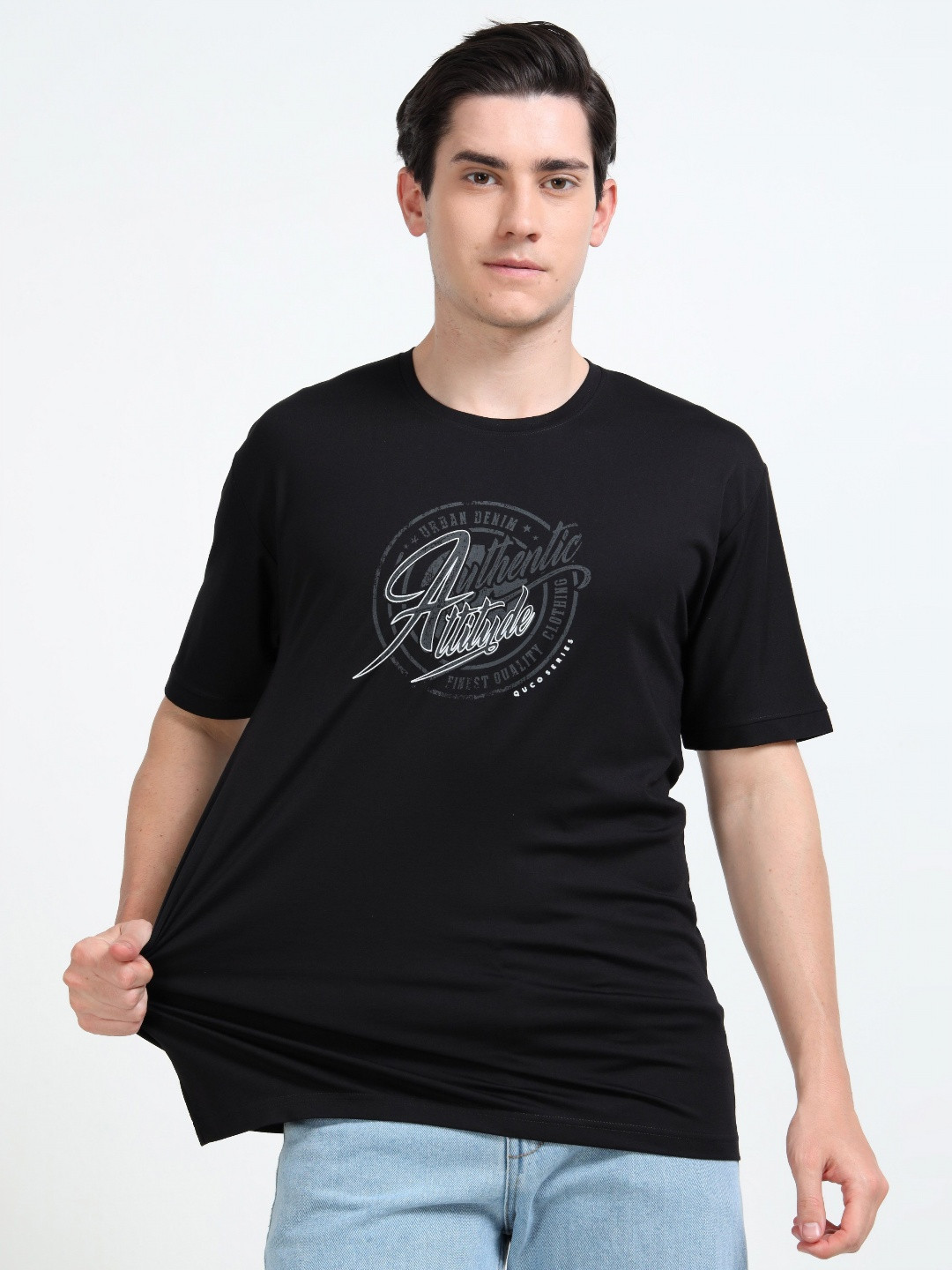 QUCO Poly Stretch Round Neck Printed Half Sleeve T-Shirt