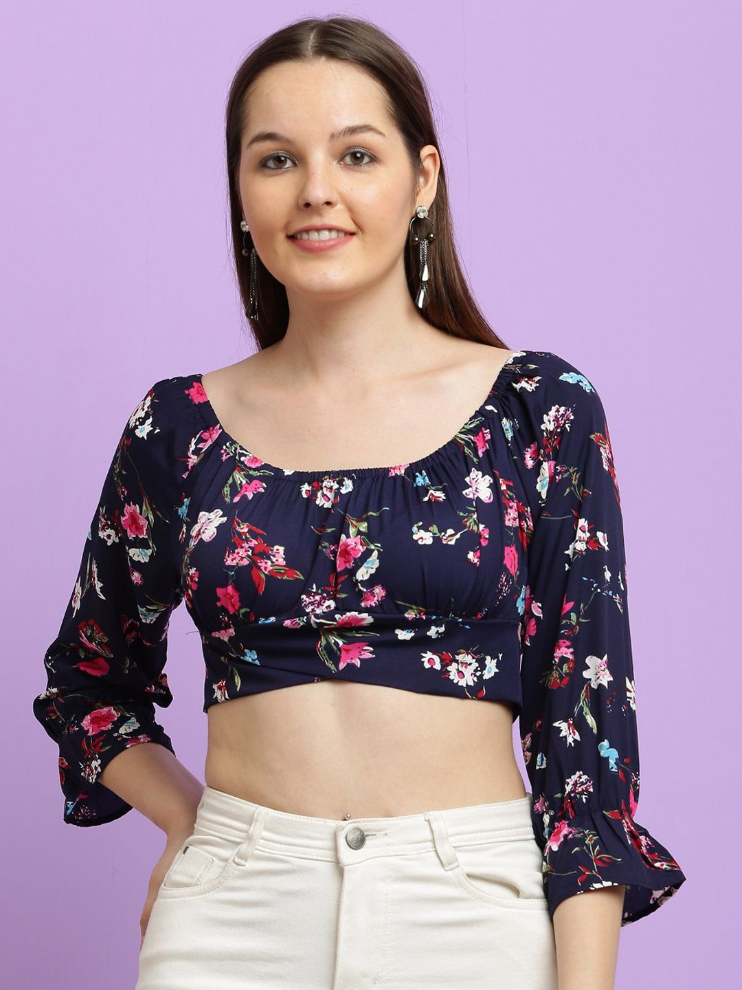 CLOTHINK INDIA Floral Checked Off-Shoulder Bell Sleeve Crepe Crop Top