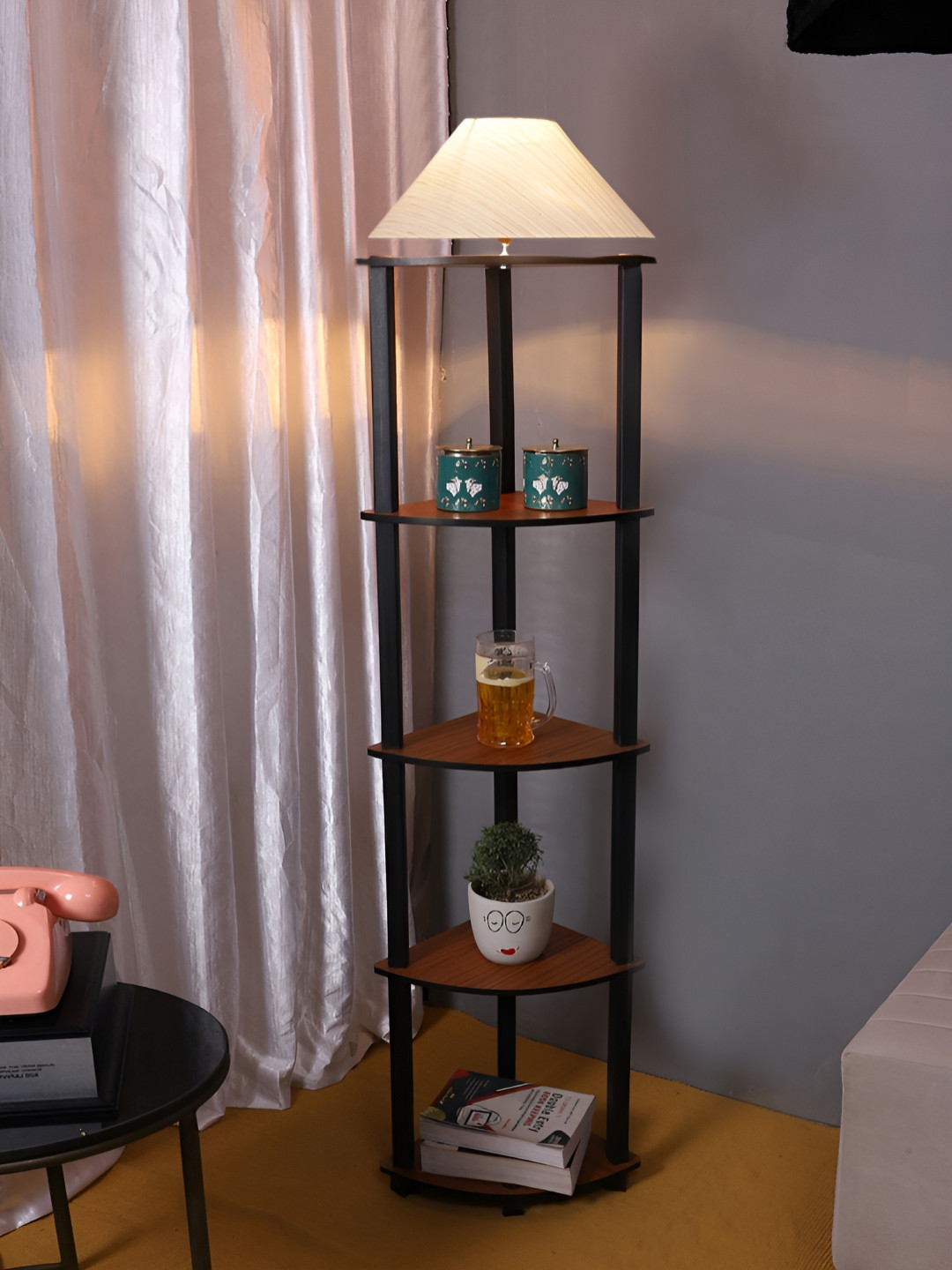 Devansh Off White & Brown Conical Wooden Shelf Floor Lamp