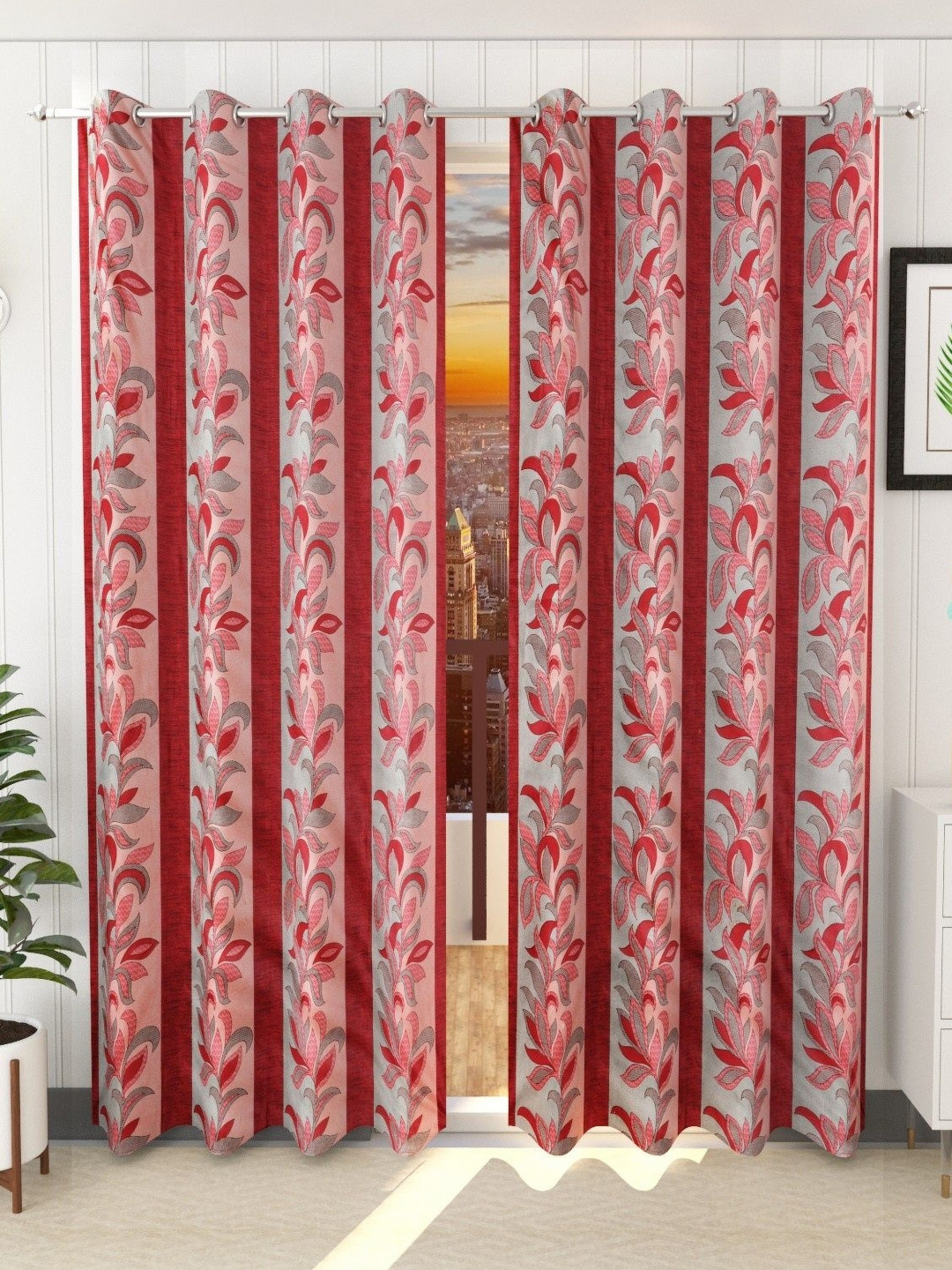 Galaxy Home Decor Maroon & Blue 2 Pieces Floral Printed Long Door Curtains