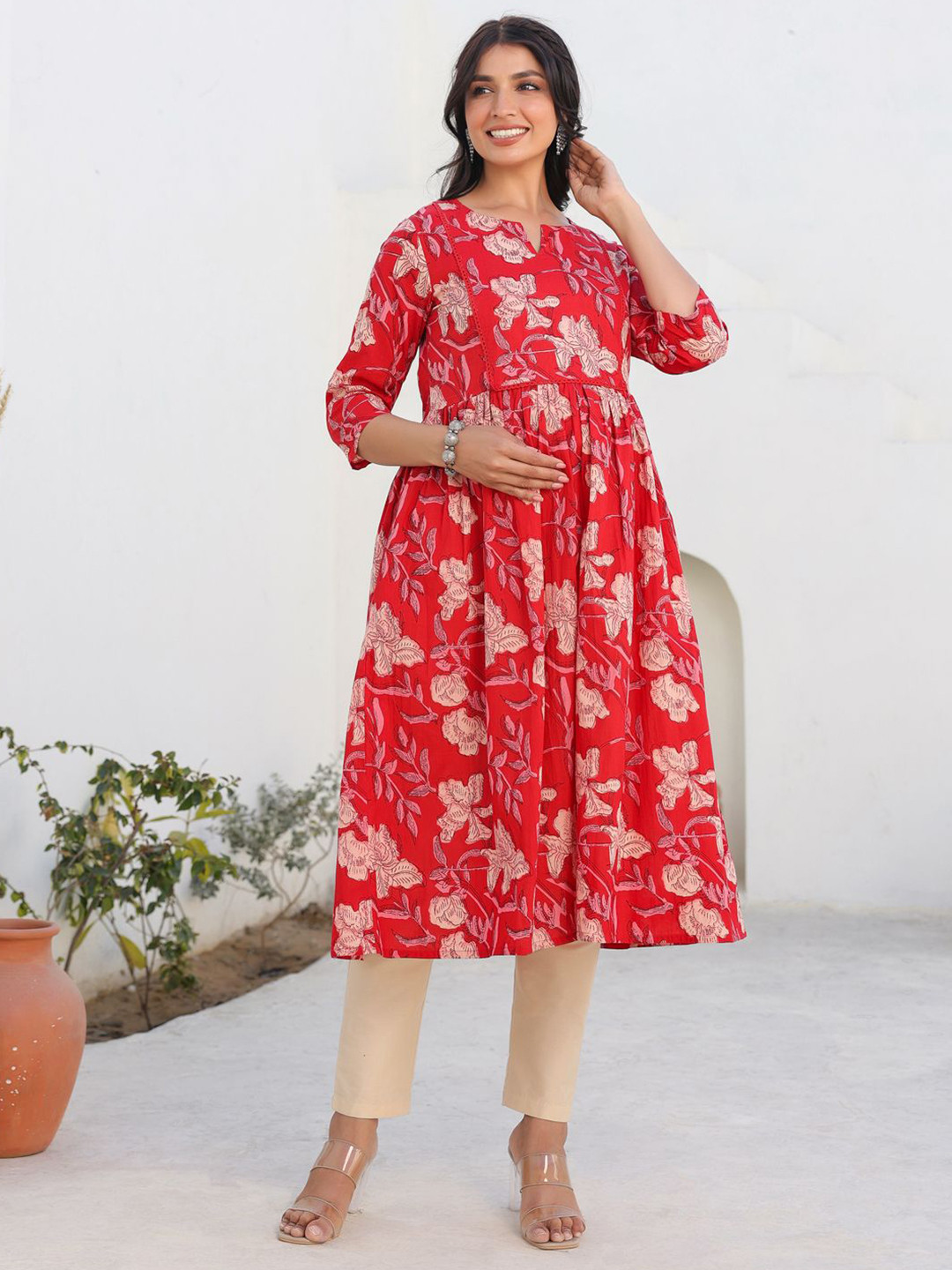 Janasya Women's Red Pure Cotton Floral Printed A-line Maternity Kurta