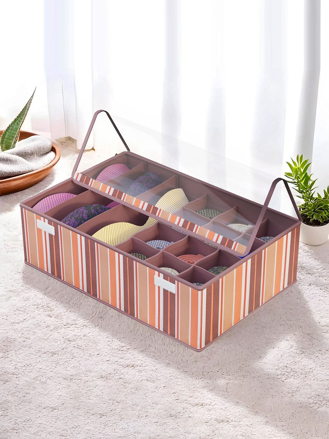 Aura Brown Foldable Multicompartment Socks Organisers for Wardrobe with Transparent Lid