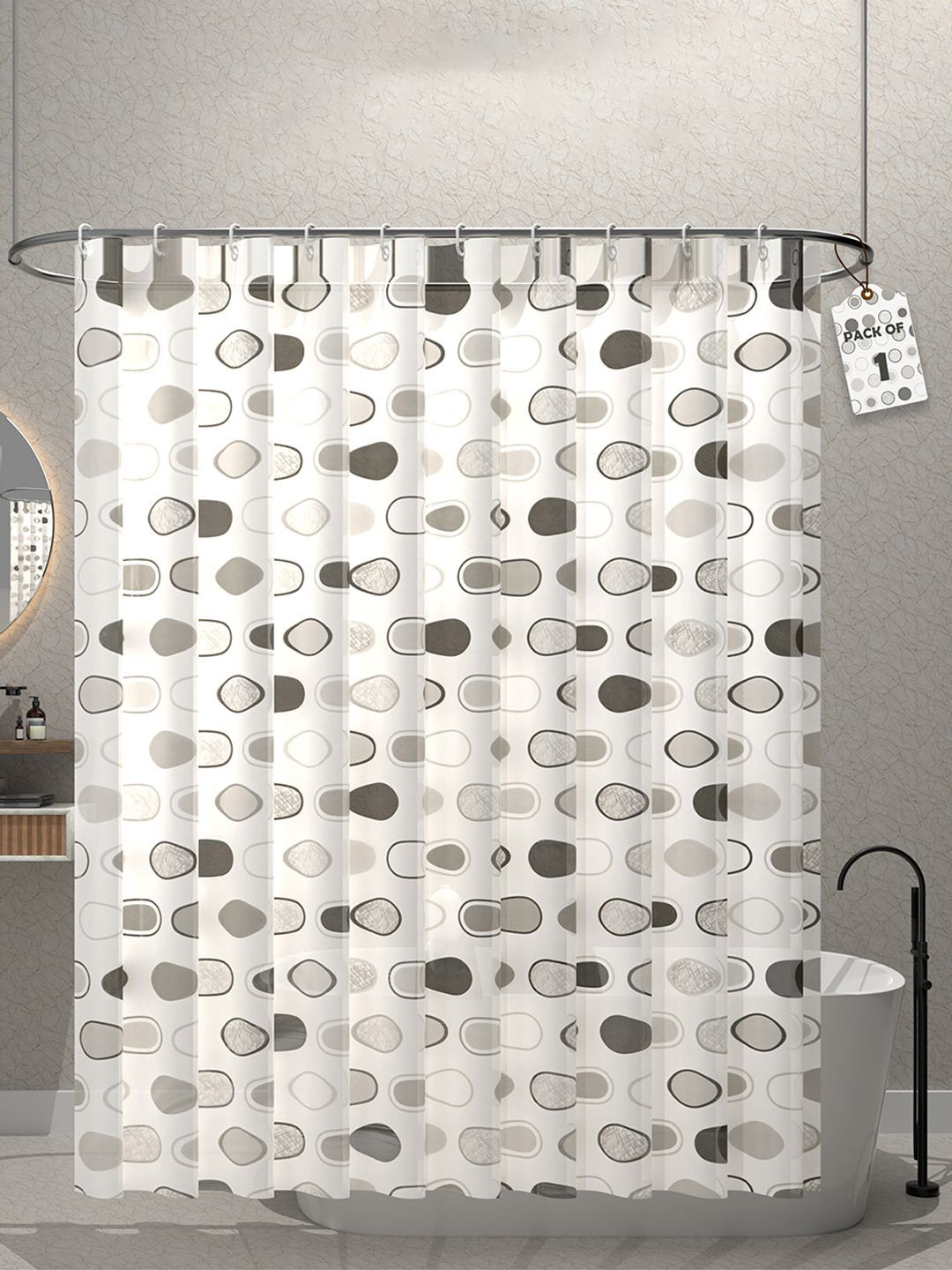 Aura Aura White & Grey Circle Printed Waterproof Shower Curtains With 12 Rings