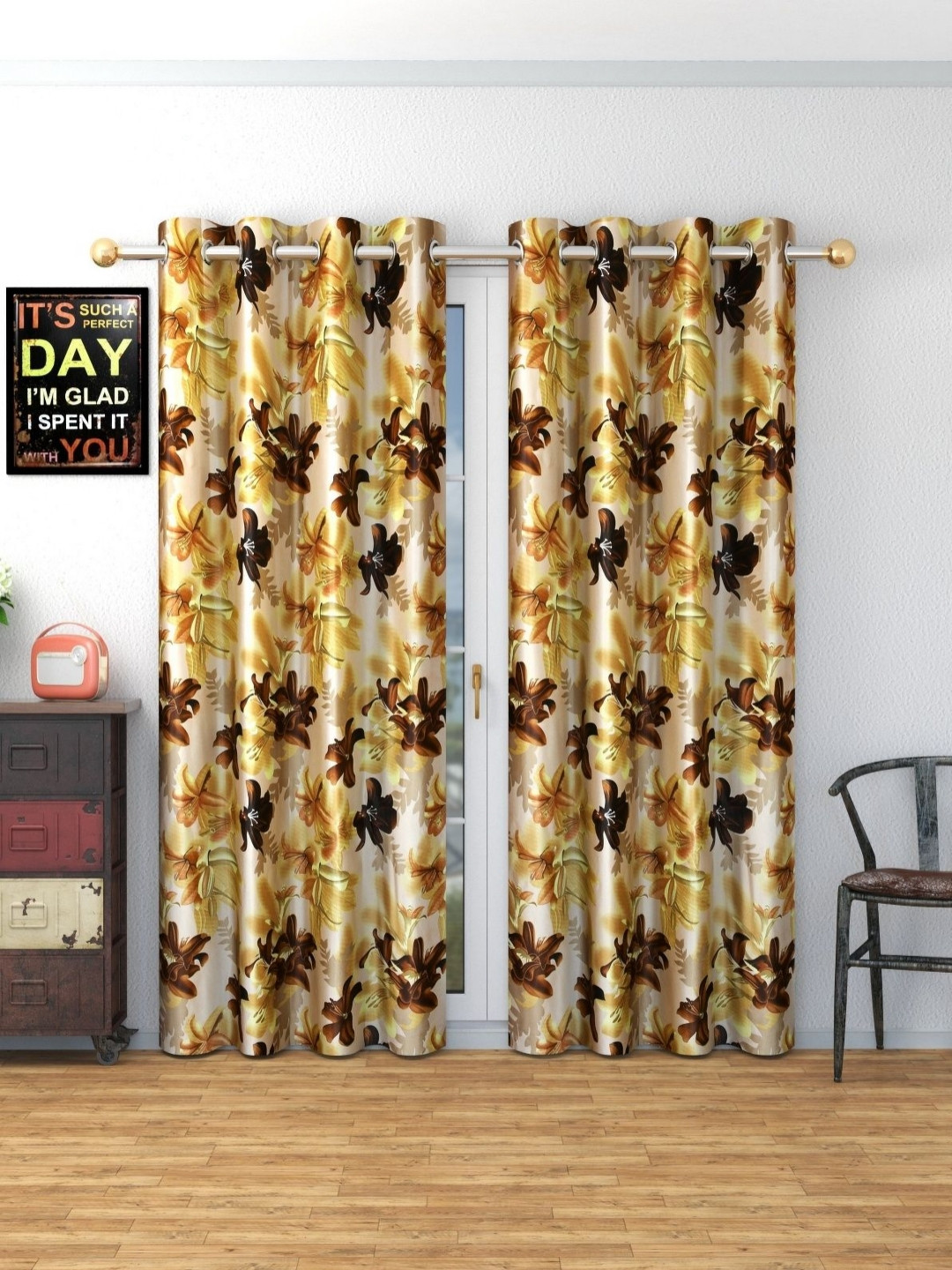 Galaxy Home Decor Coffee Brown Set of 2 Floral Window Curtain