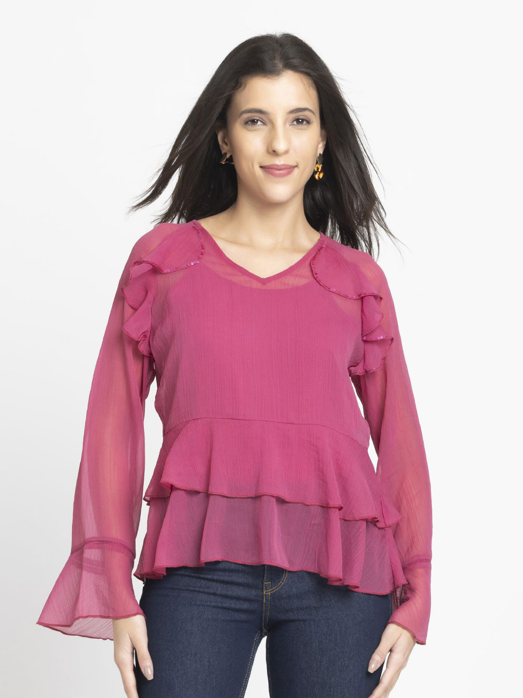 SHAYE Women Rose Pink V-Neck Solid Full Sleeves Casual Tops With Cami