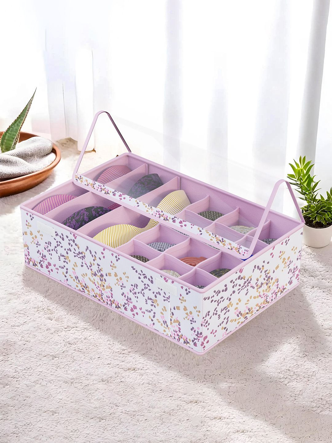 Aura Pink Foldable Multicompartment Socks Organisers for Wardrobe with Transparent Lid