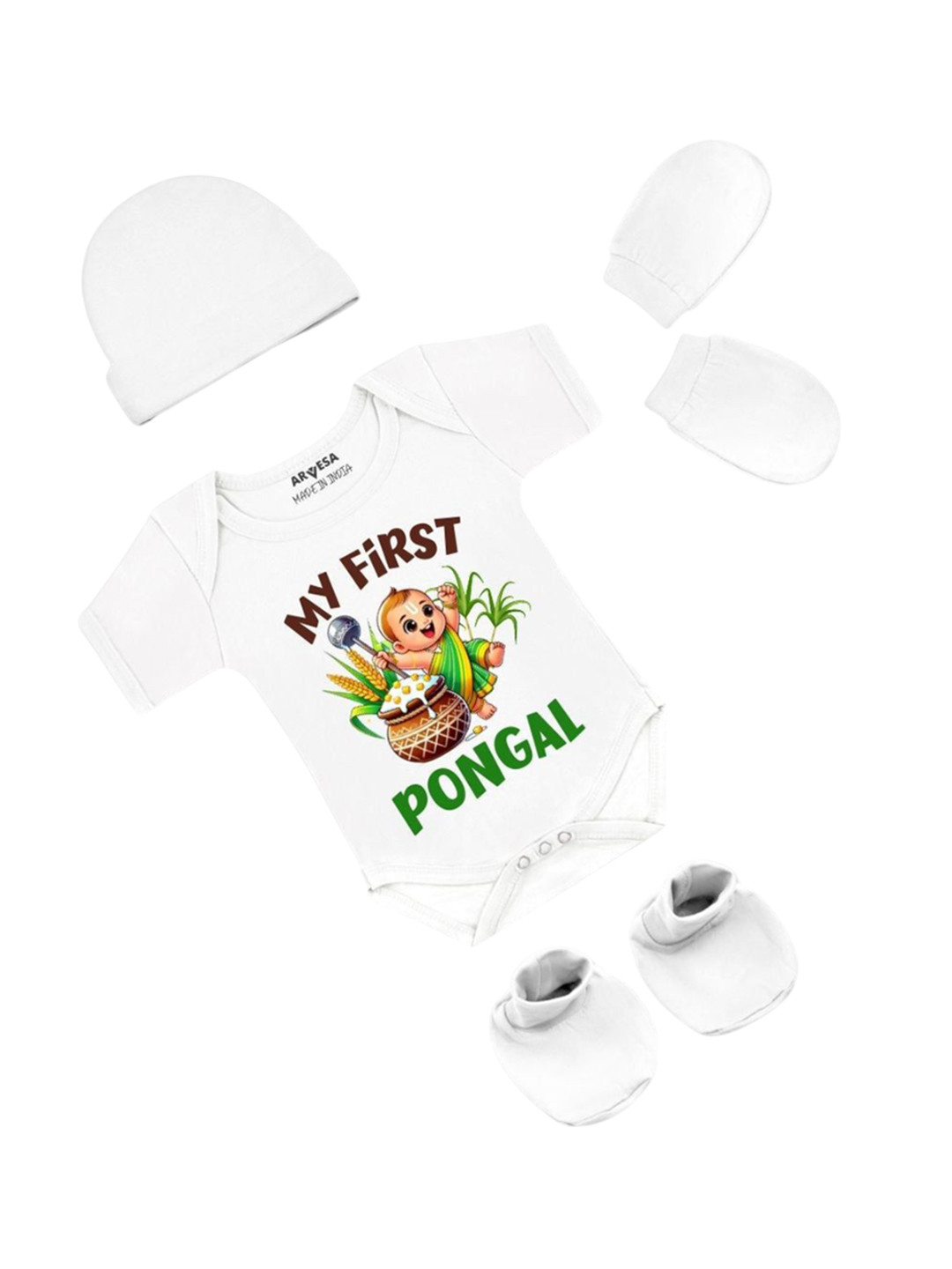 Arvesa Infants My First Pongal Printed Bodysuit with Cap Booties Mitten