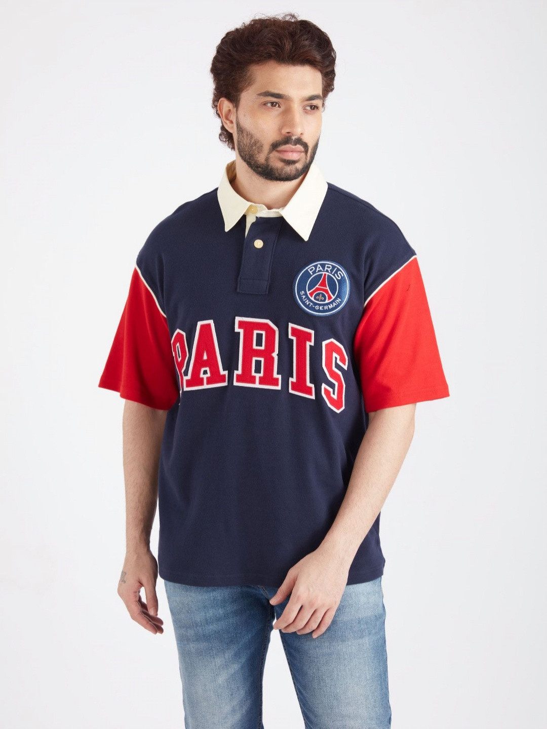 PSG Men Typography Paris Saint-Germain Colourblocked Polo Collar Drop-Shoulder Sleeves Applique T-shirt