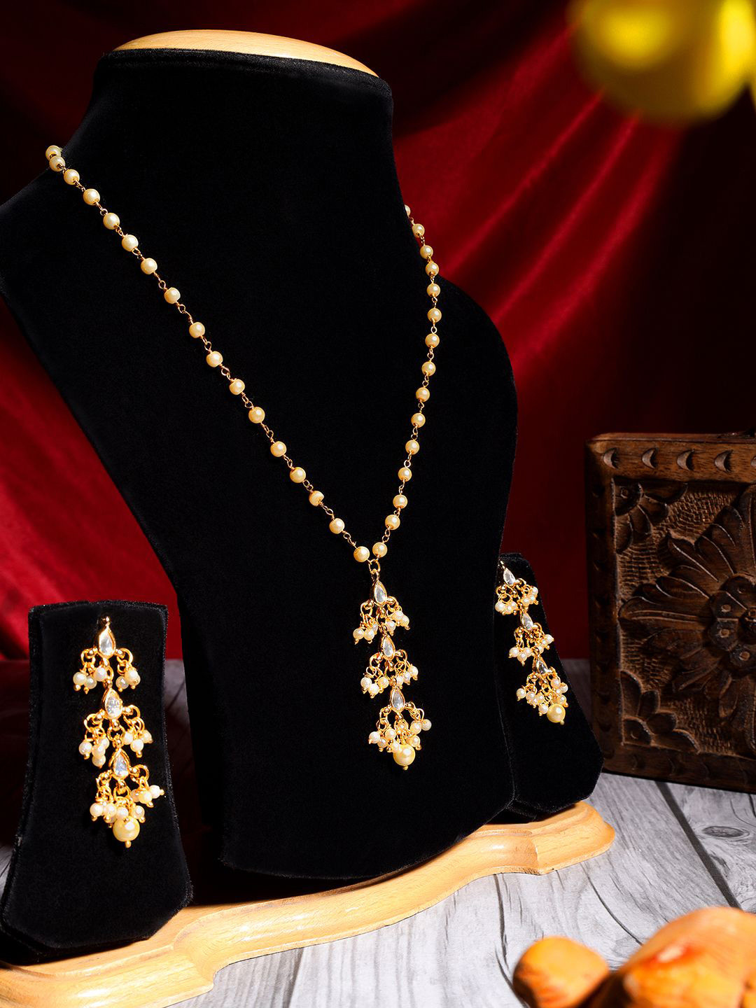 AARSEE OFFICIAL 22KT Gold-Plated Kundan Drops Pearl Chain Necklace Set
