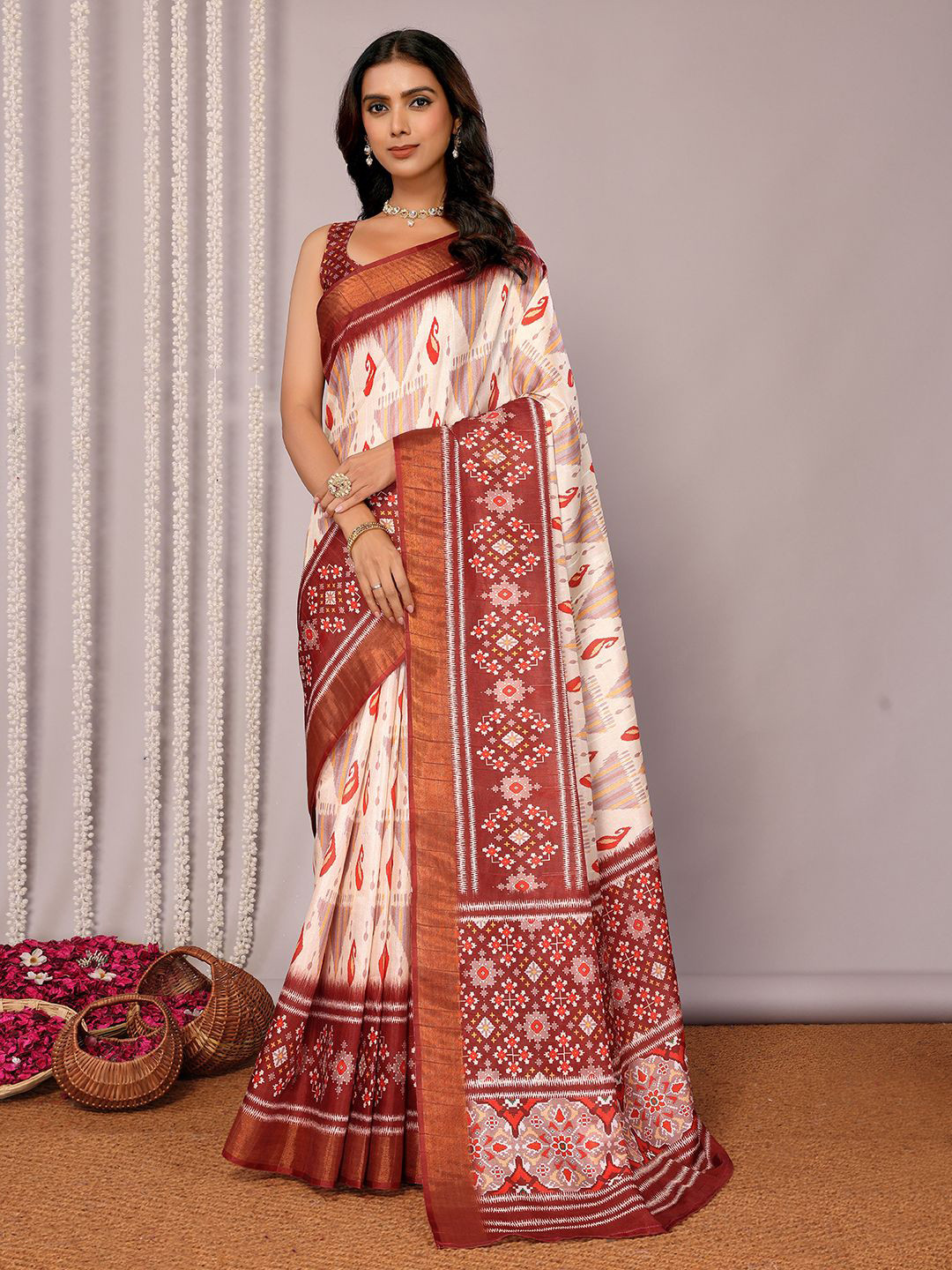 Janasya Women Chanderi Silk Ikkat Printed Chanderi Saree With Unstitched Blouse Piece