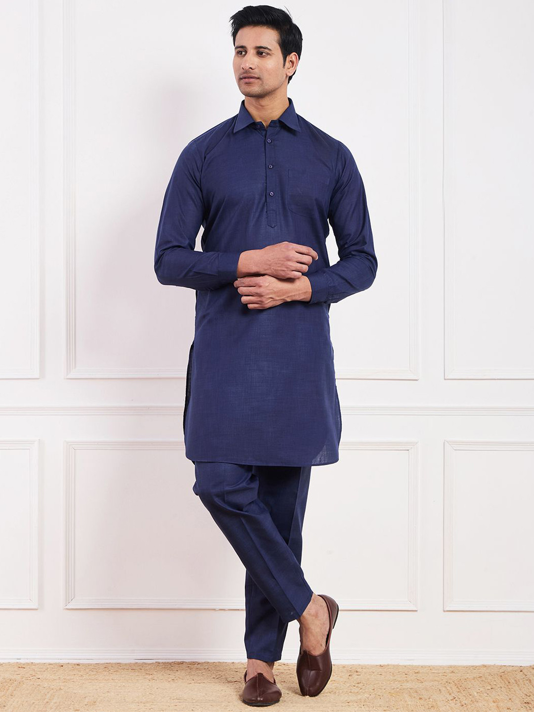 Satwaa Shirt Collar Indigo Single Pocket Pathani Kurta with Trousers