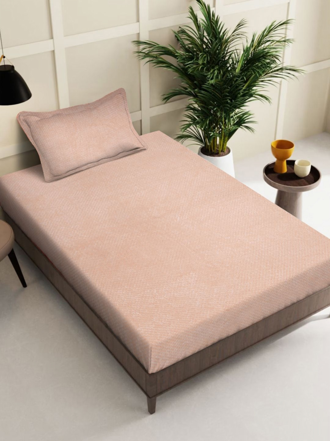 Myntra Elegant Homes Peach Textured Woolen 300 TC Single Bedsheet Set 2.25m x 1.50m