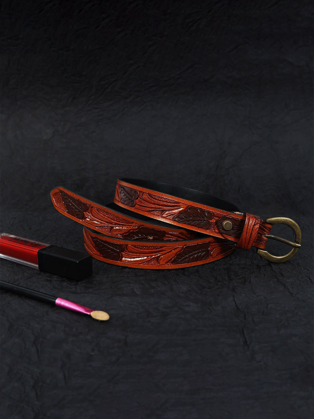 Celtic Women Tan Textured Genuine Leather Belt with Tang Closure