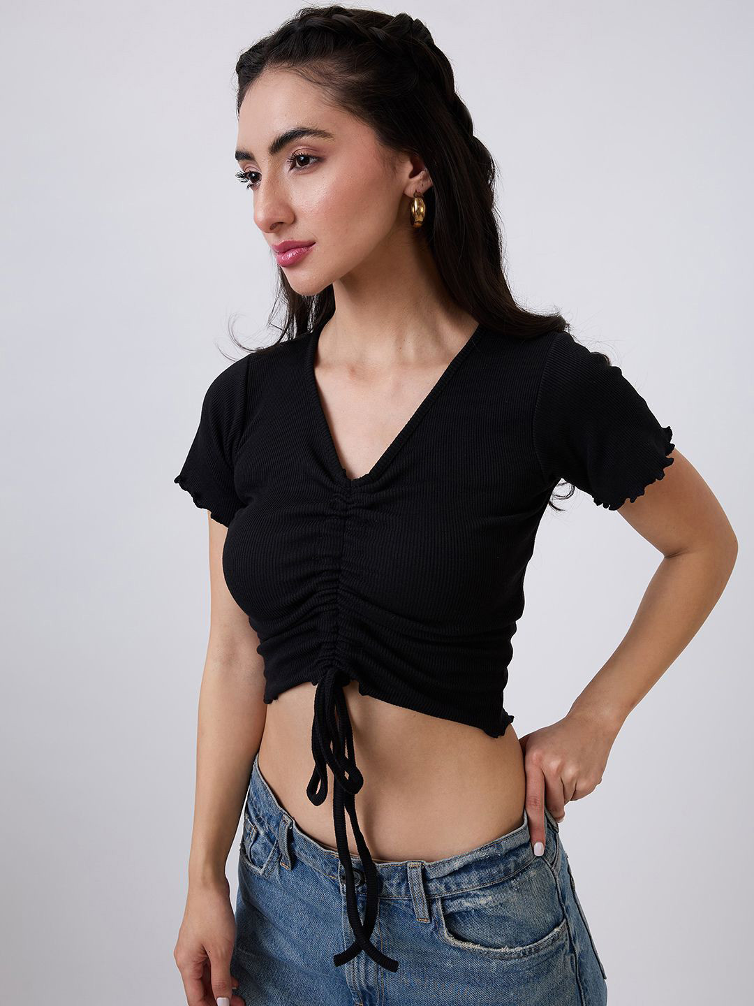 SZN Black Ribbed Ruched Tie-Up Crop Top