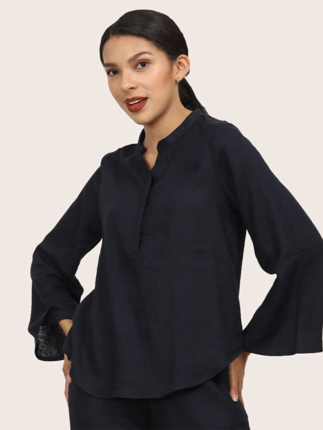 Saltpetre Women Mandarin Collar Navy Bell Sleeve Tunic