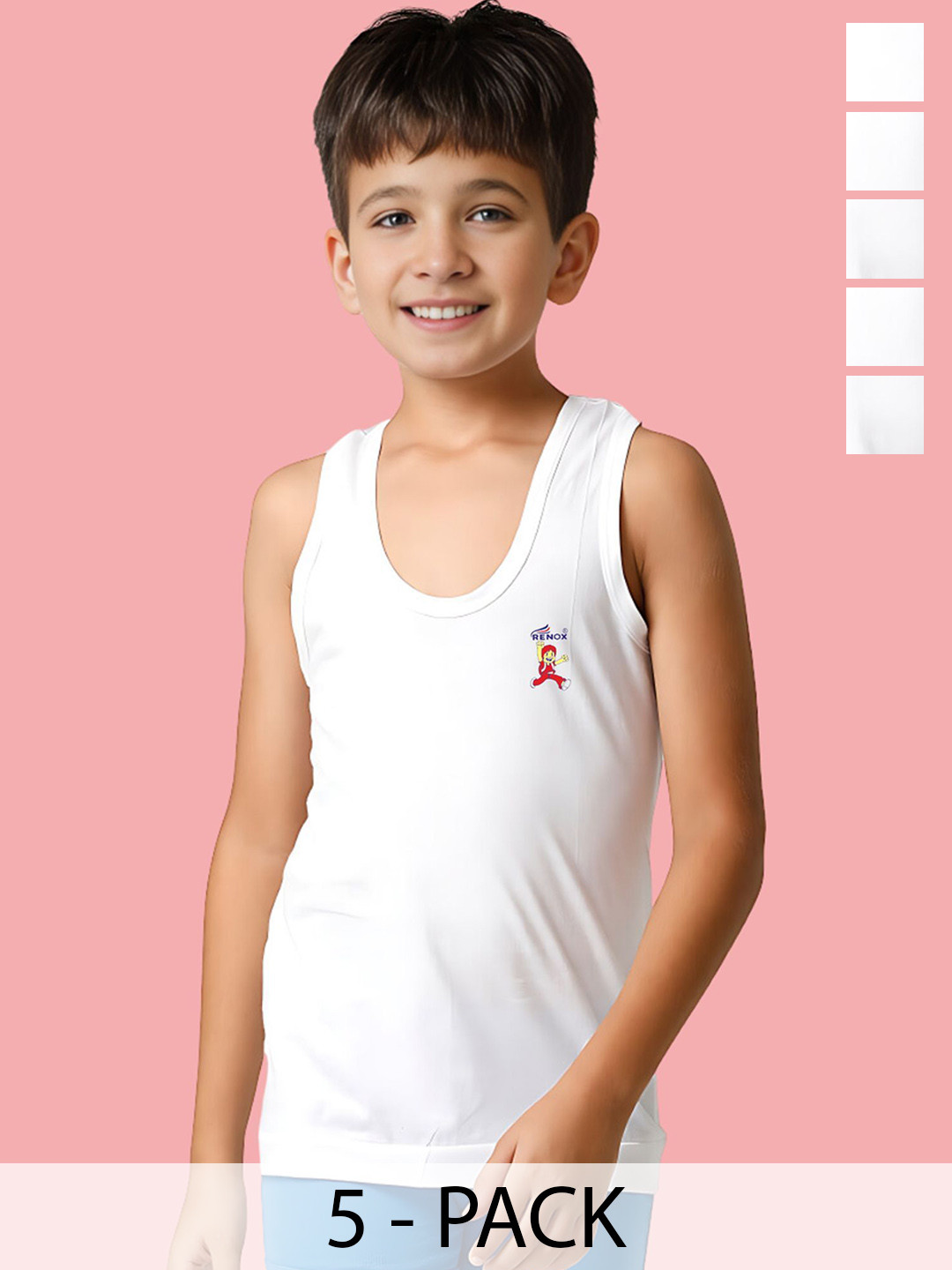 Renox Boys Pack Of 5 Pure Cotton Innerwear Vests boys_ vest_WHITE 10-11Y