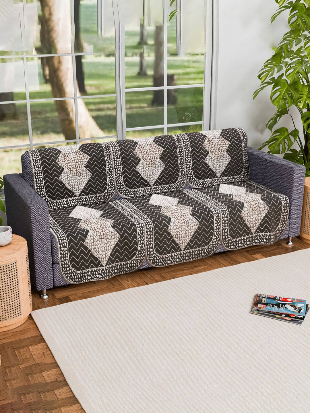 Aura Myura Grey & White 6 Pieces Geometric Printed 3 Seater Cotton Sofa Covers