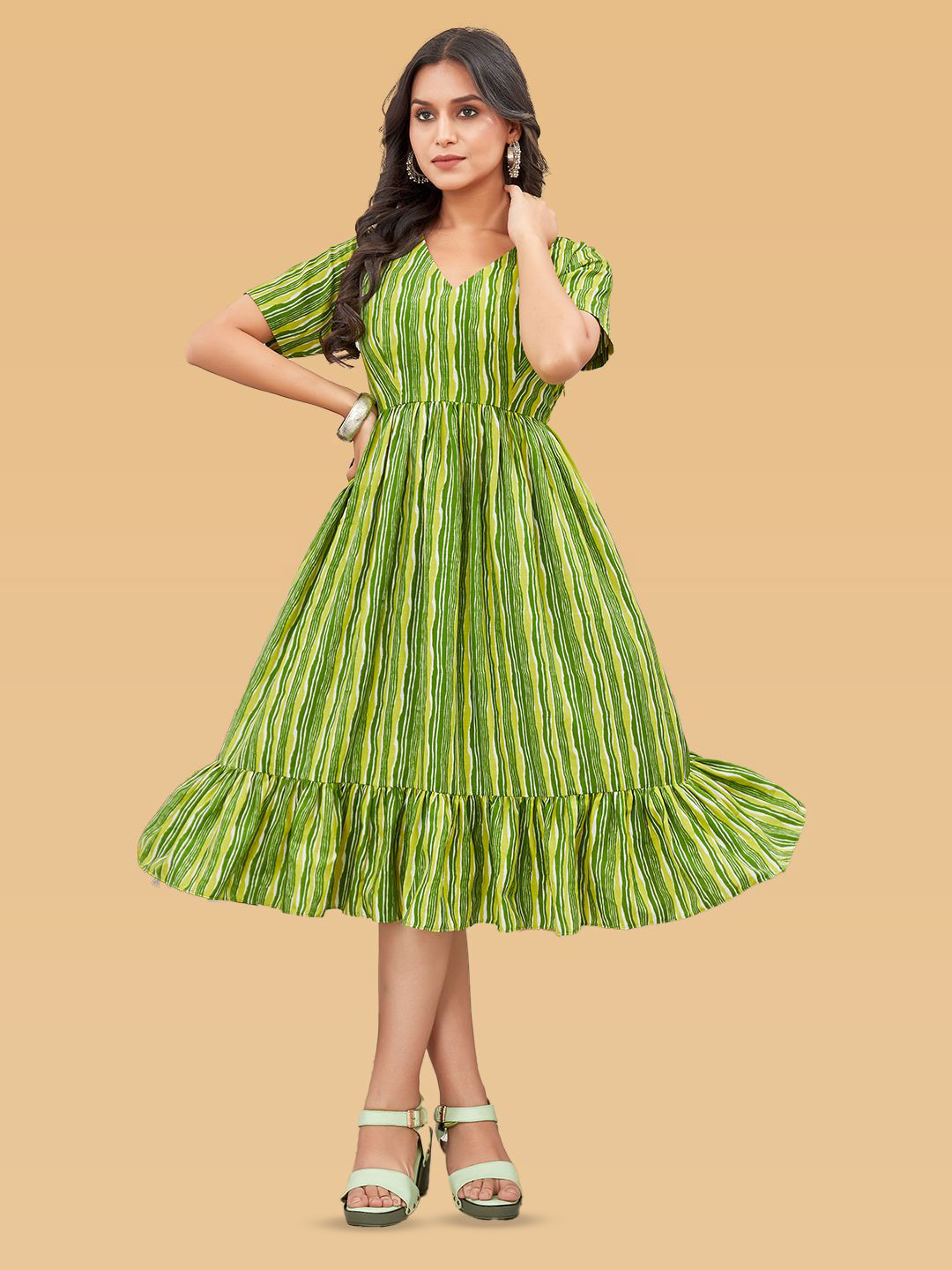 ODD BY chansi TRENDZ Women Striped V-Neck Short Sleeves Midi Fit & Flare Dress