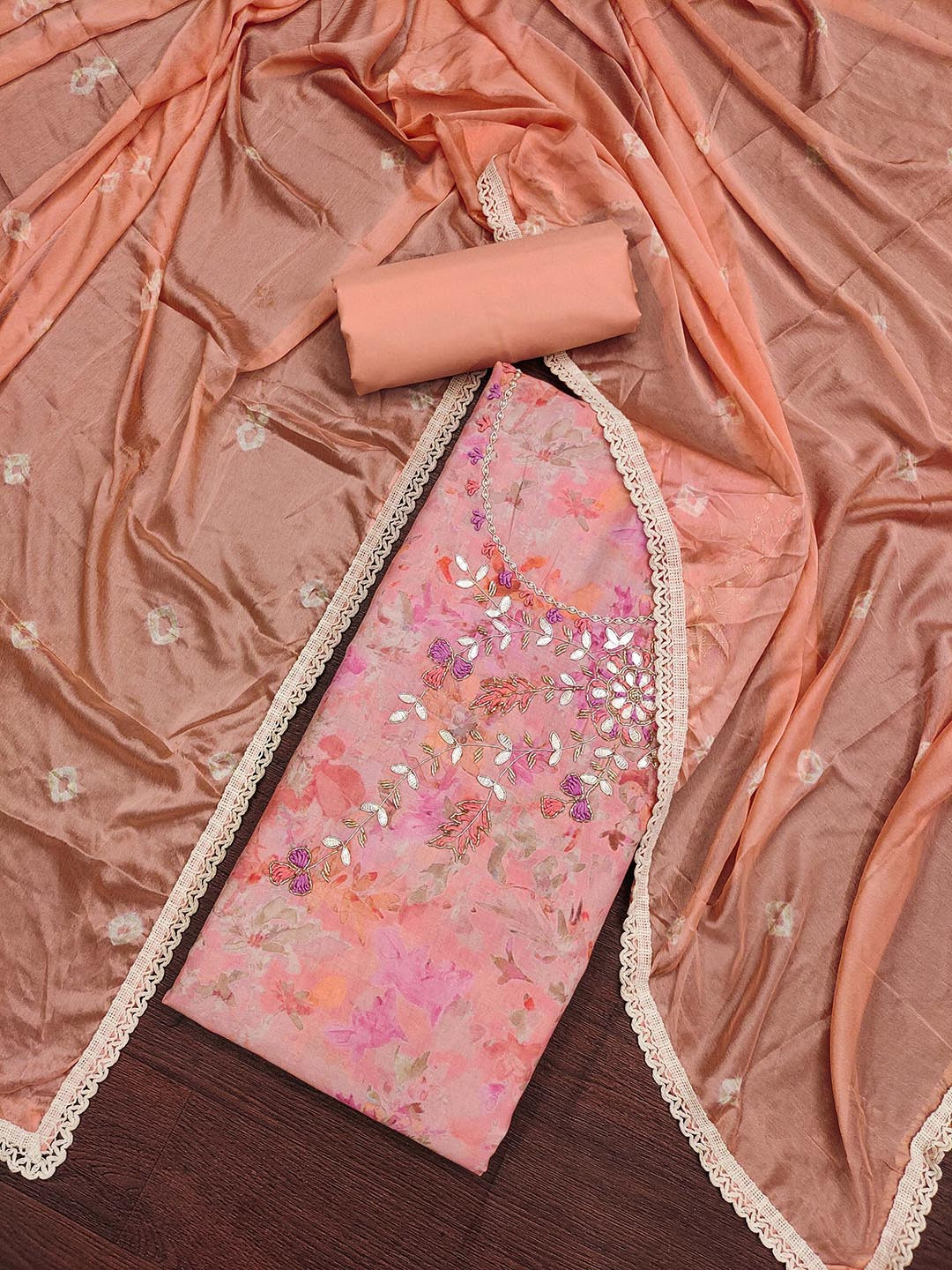 SHADOW & SAINING Floral Printed Beads Work Cembric Cotton Unstitched Dress Material