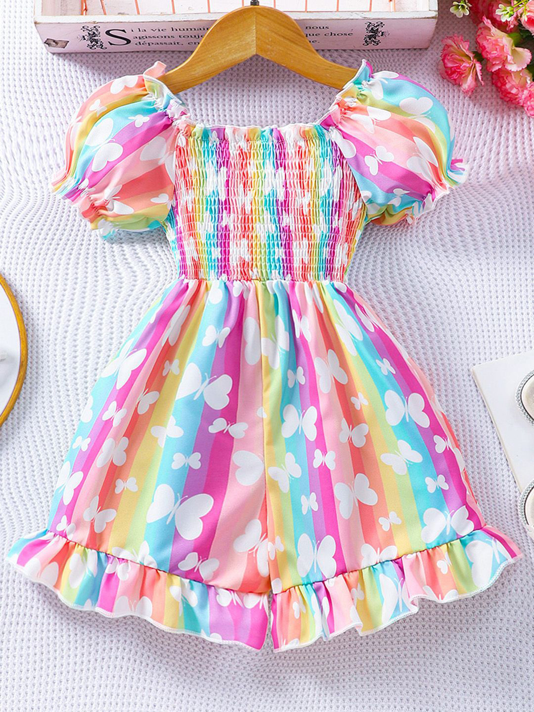 INCLUD Girls  Butterfly Print Smocked Puff Sleeves Basic Jumpsuit