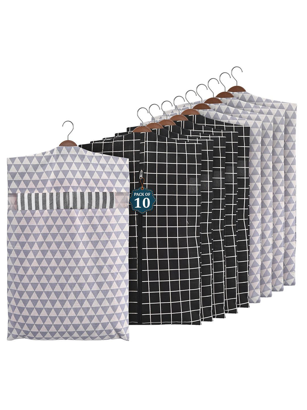 Kuber Industries Grey & Black Set Of 10 Printed Cotton Hanging Clothes Packing Organisers