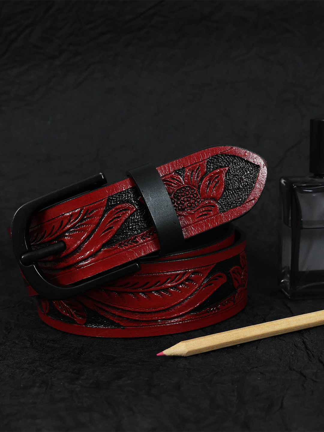 Celtic Unisex Red Printed Textured Leather Belt with Push Pin Closure