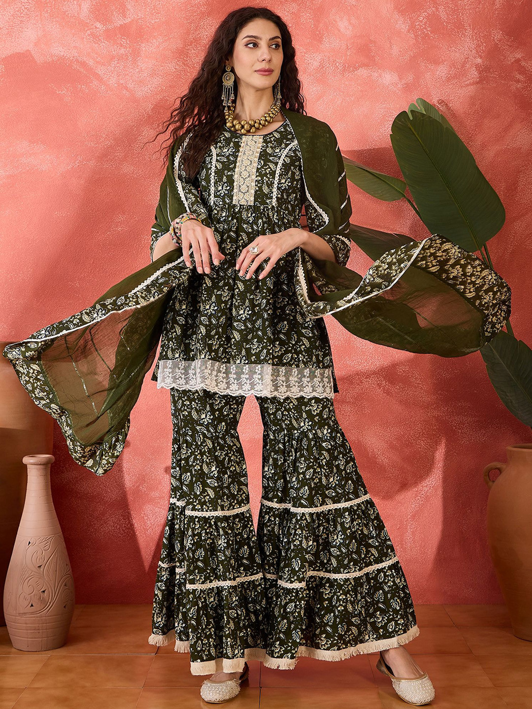 Sangria Floral Printed Pleated Pure Cotton A-Line Kurti And Sharara With Dupatta