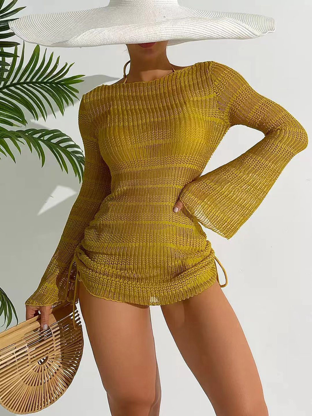 Plus Curvves 3 Pieces Drawstring Long Sleeve Hollow Out Backless Swimwear Cover up Set